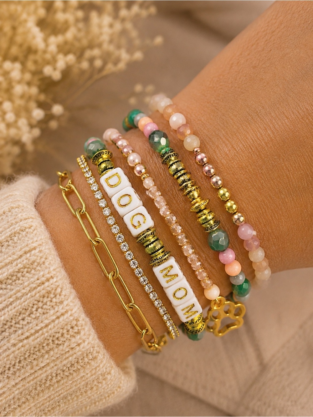 🐾 Hand Crafted DOG MOM Beaded Bracelet in Green, Pink, Yellow, White & Gold